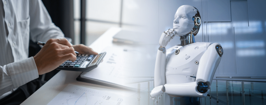 Robo de Inteligência Artificial pensativo sobre redução de custos